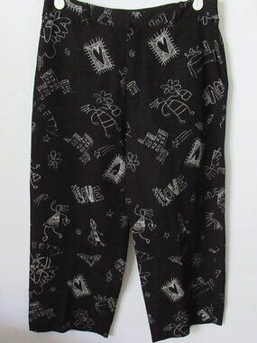 Chico's black white "Love" print silk/linen zip front capri pants *Sz 1(8)*